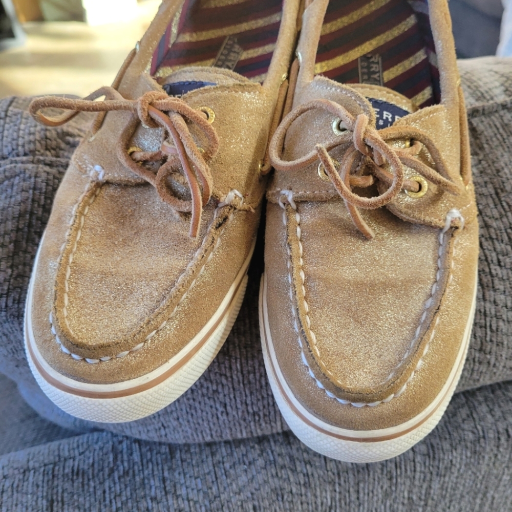Tan Leather Sperrys Gold Glitter Camel Brown Slip On Boat Shoes Loafer Flat Tan